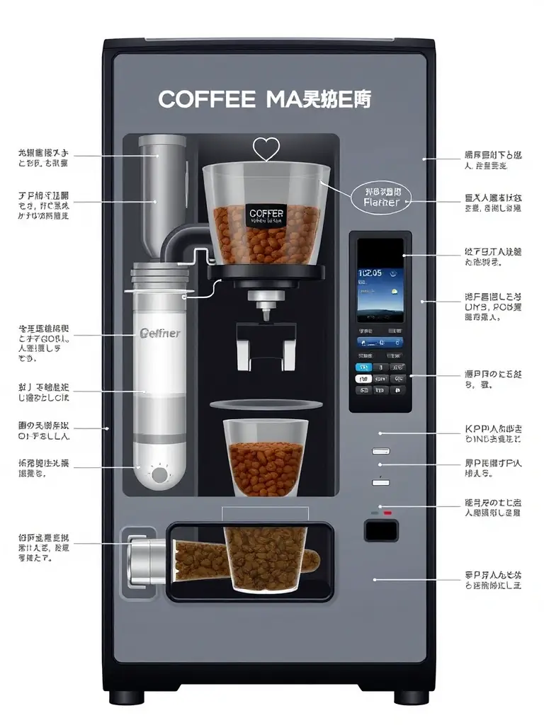 A diagram illustrating the internal components of the coffee vending machine, highlighting the water filtration system, bean hopper, and brewing unit. The diagram is clean and easy to understand.