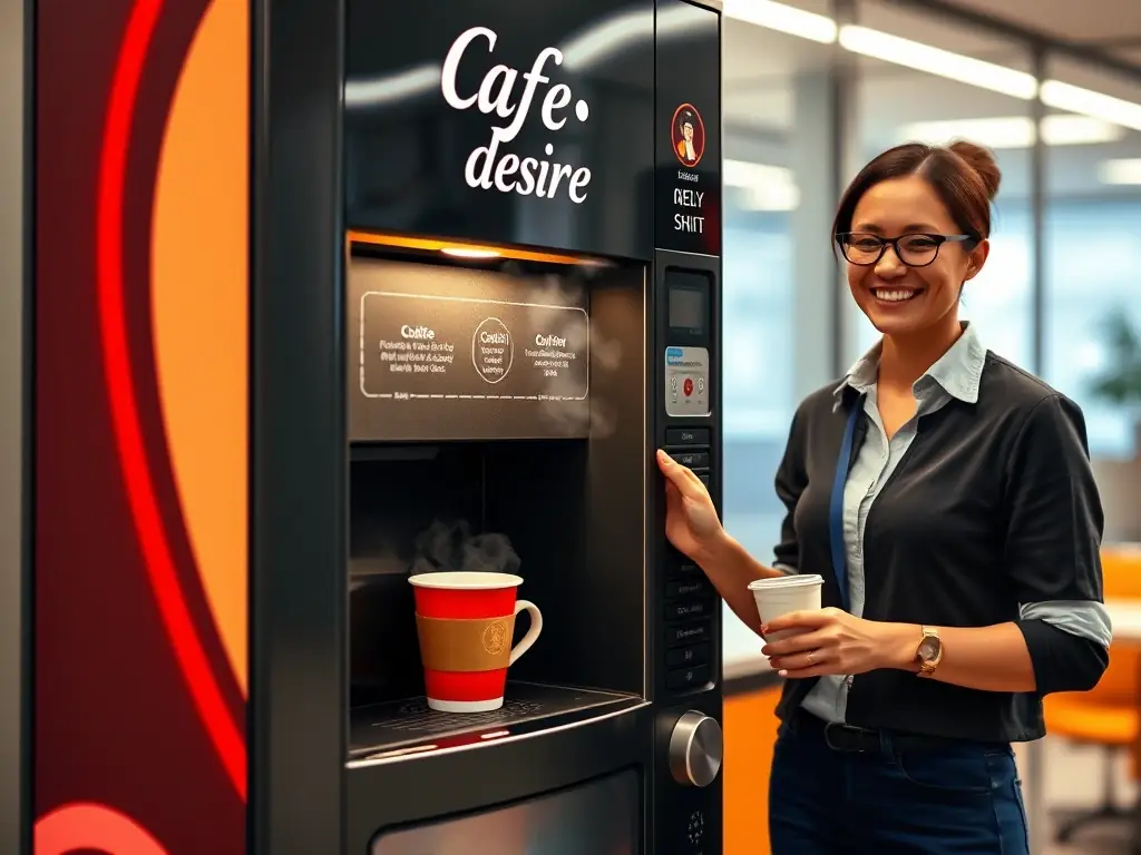 A Cafe Desire coffee vending machine dispensing a freshly brewed cup of coffee in seconds, with steam rising and a happy employee waiting to grab their drink.