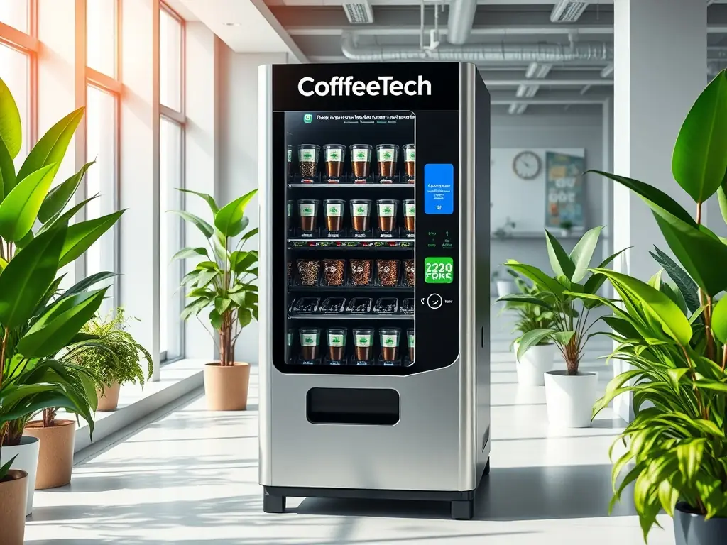 A Cafe Desire coffee vending machine with an 'Eco-Friendly' sticker, placed in a modern office space with plants and natural light, emphasizing its eco-efficient design.