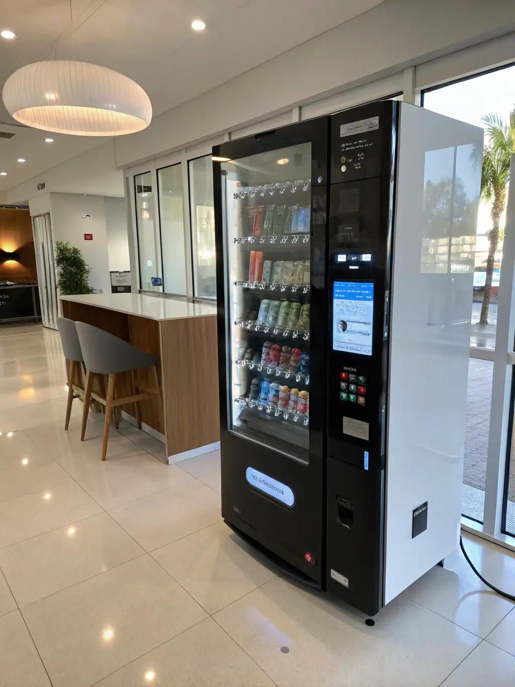 A close-up shot of the coffee vending machine's touchscreen interface, displaying various coffee options and customization settings. The screen is brightly lit and easy to read, showcasing the user-friendly design.