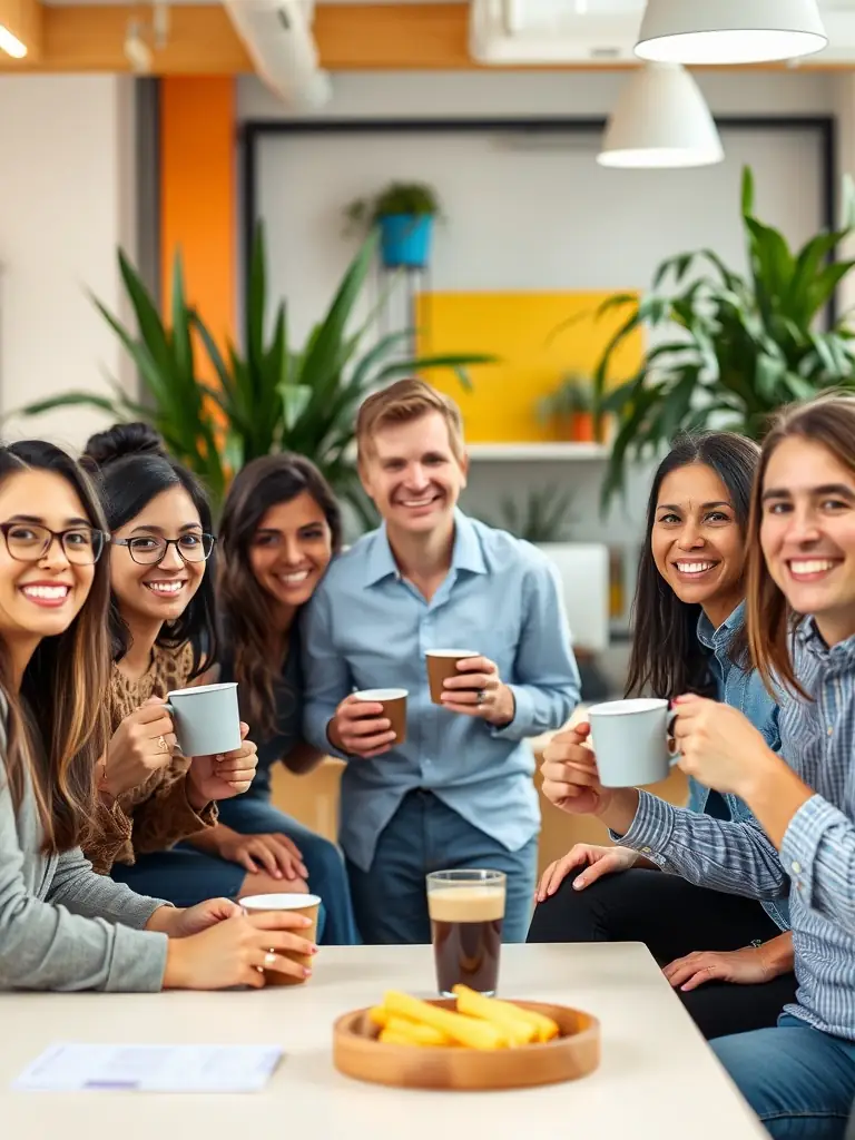 A group of office workers gathered around a Cafe Desire coffee vending machine, laughing and enjoying their beverages during a break, fostering a sense of community.